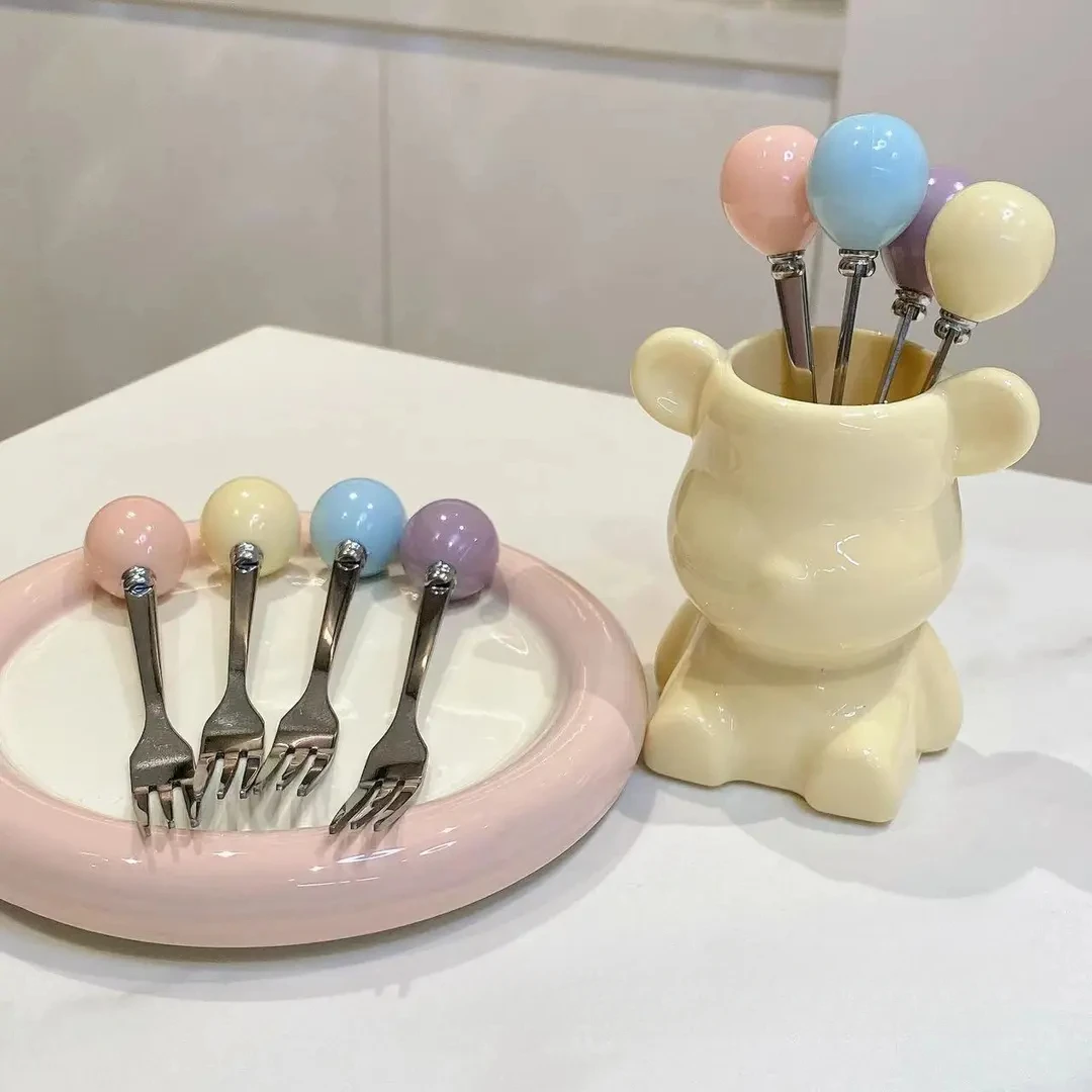 【4叉1罐】轻奢水果叉子家用可爱收纳餐具甜品创意小熊叉罐EGX