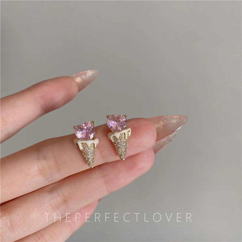 925银玻璃耳饰 足银耳饰爱心甜筒冰淇淋锆石耳钉s925银针冰激凌