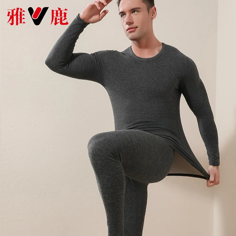 V/雅鹿【一整套】男士羊绒蚕丝AB双面保暖内衣秋冬恒温圆领保暖套装