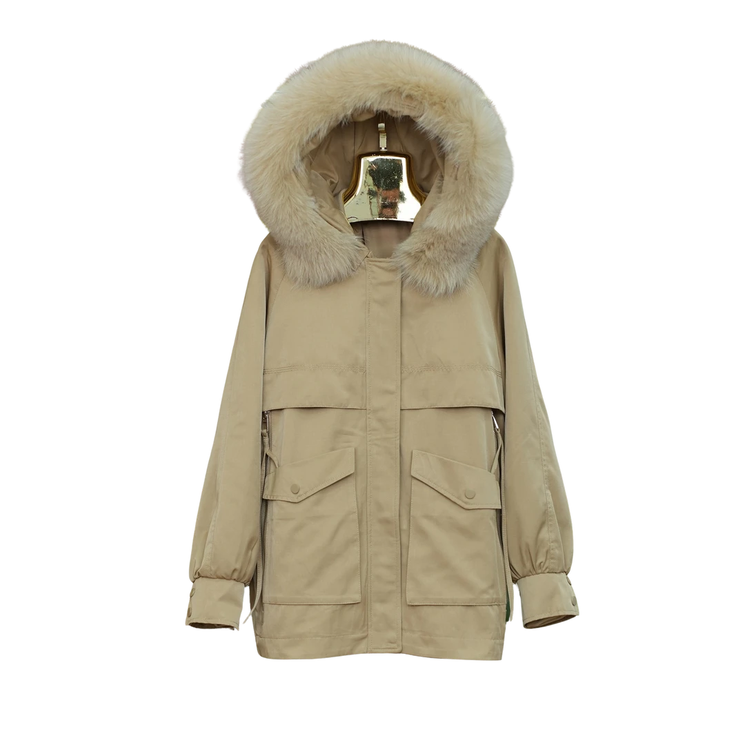 5872款  兔毛内胆可拆卸狐狸大毛领真毛女士时尚休闲连帽冬派克服