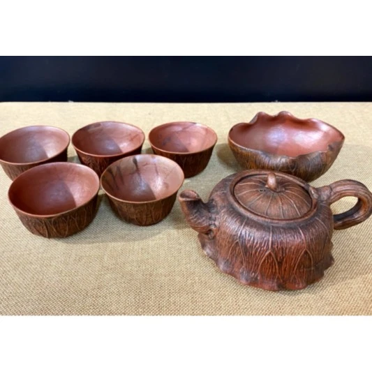 日本回流 古备前日式锤纹红泥茶道大红粗陶茶具陶瓷雕刻手工复古