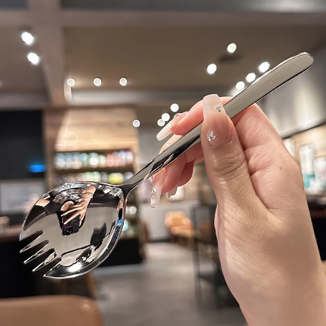 【出德国18-10不锈钢】勺叉一体西瓜勺子两用带齿勺子加厚吃沙拉