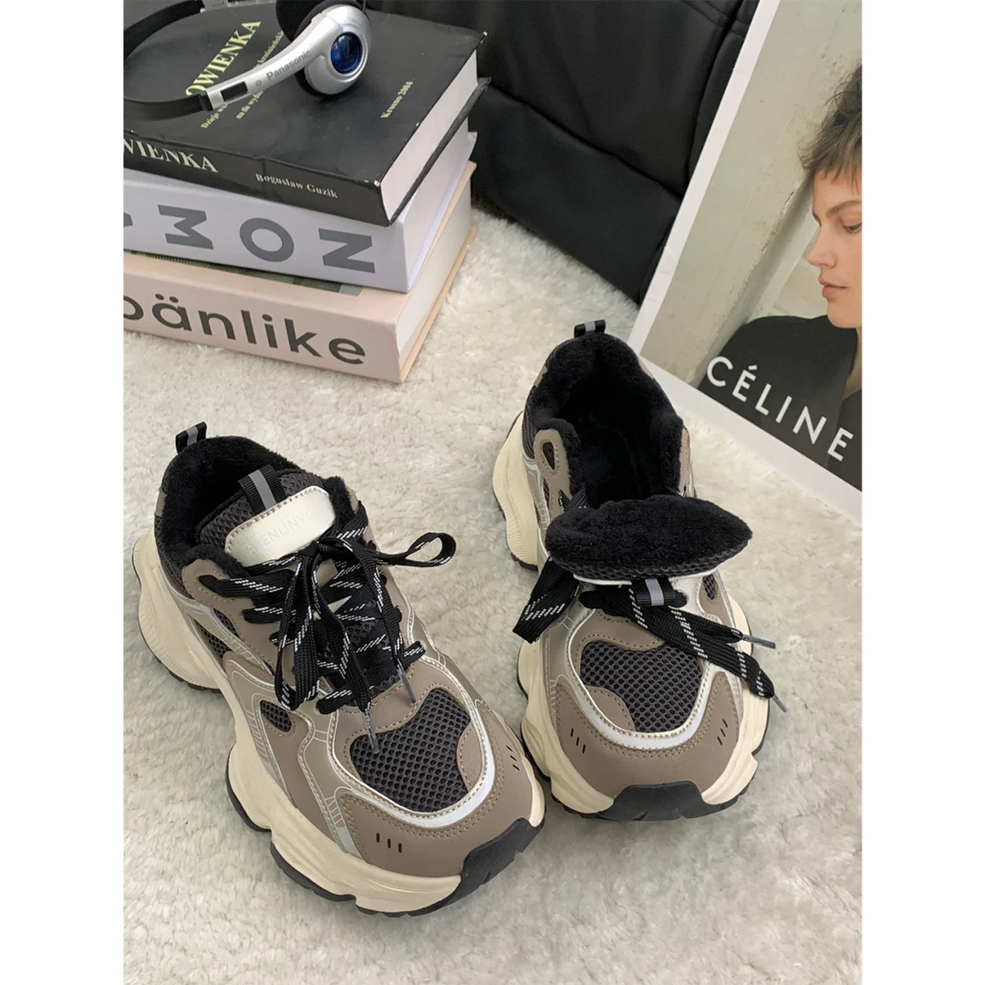 cql2023新款冬季复古厚底加绒老爹鞋潮流韩版休闲运动鞋棉鞋女