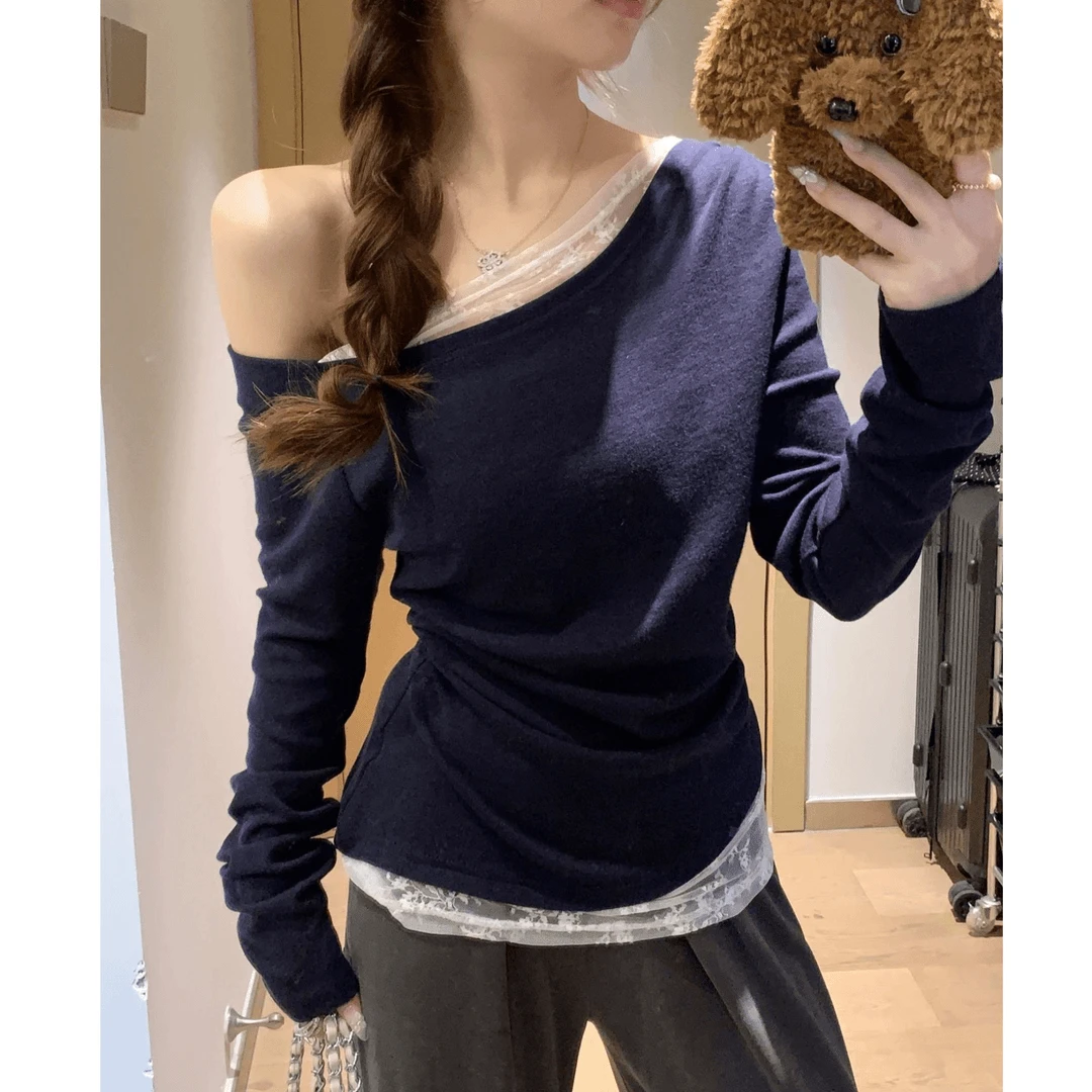 【现货】BM纯欲风斜肩蕾丝拼接长袖t恤女秋季修身设计感打底衫上衣