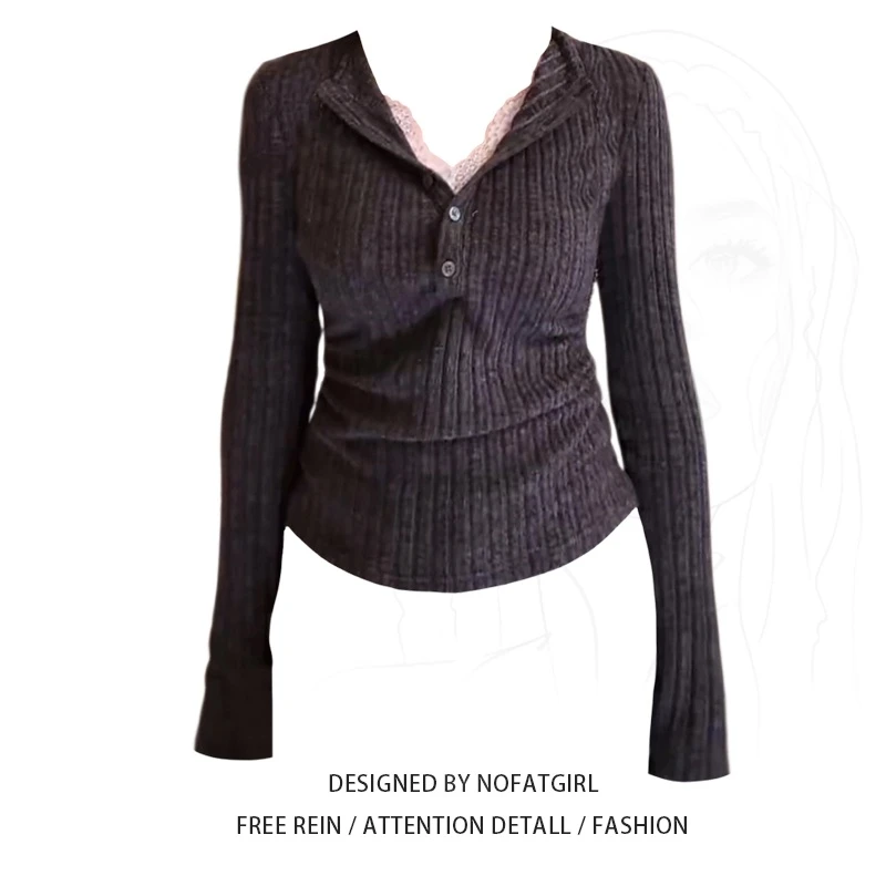 大码胖妹妹甜辣妹深灰色假两件蕾丝长袖针织衫女秋季修身显瘦上衣