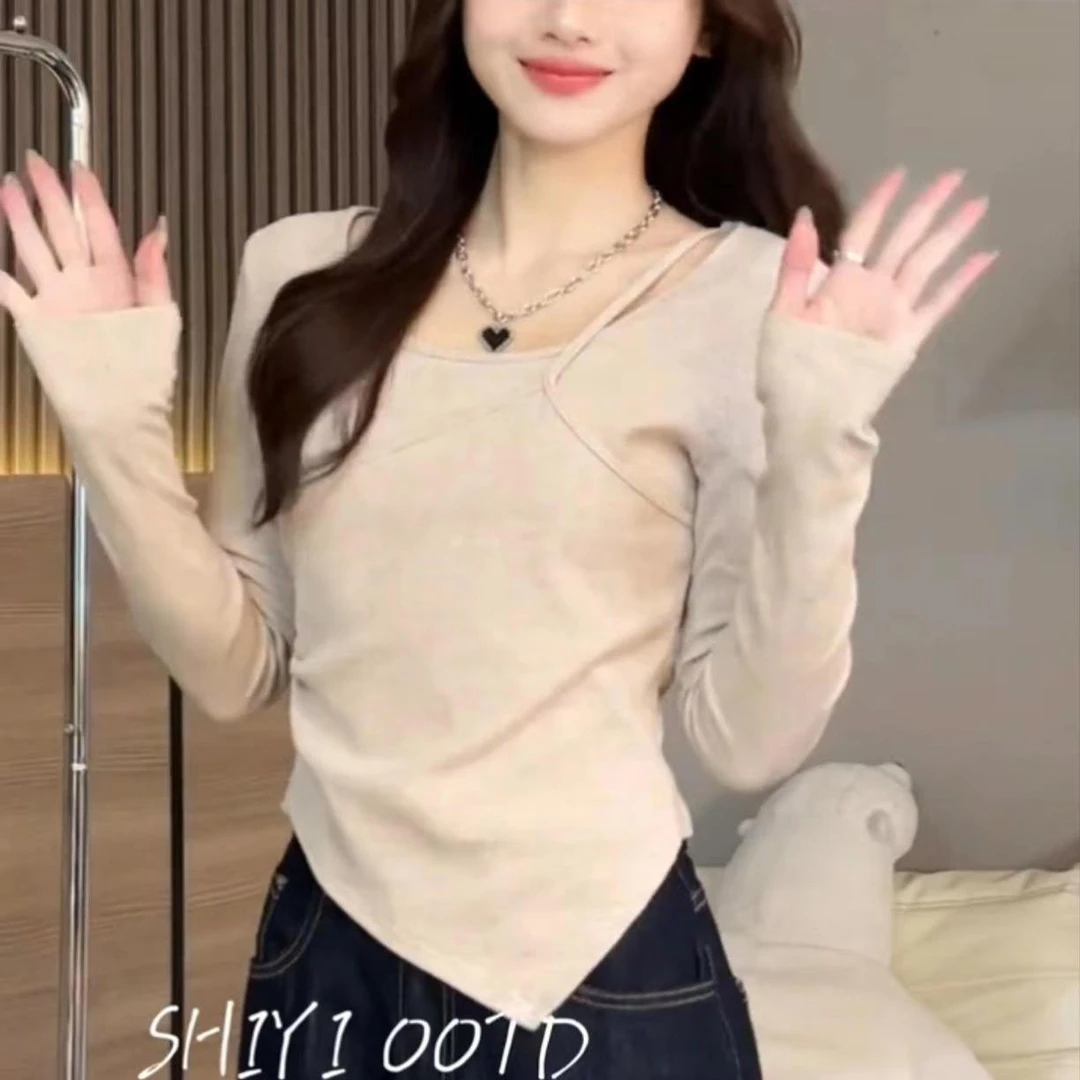 褶皱设计感小众v领长袖t恤女秋季2025新款时尚打底衫独特别致上衣