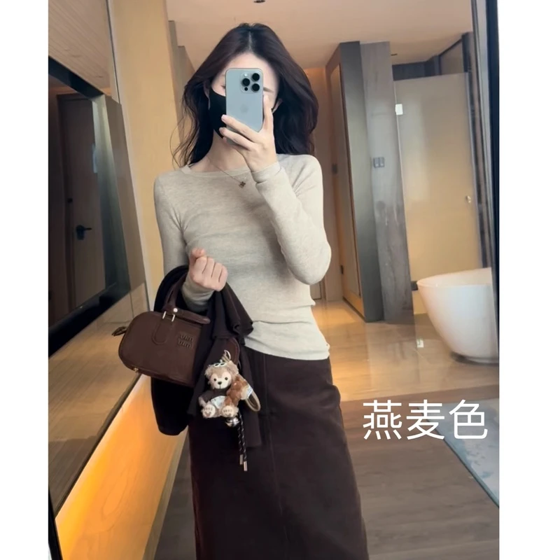 秋冬新款修身显瘦气质圆领毛针织衫长袖内搭打底上衣女