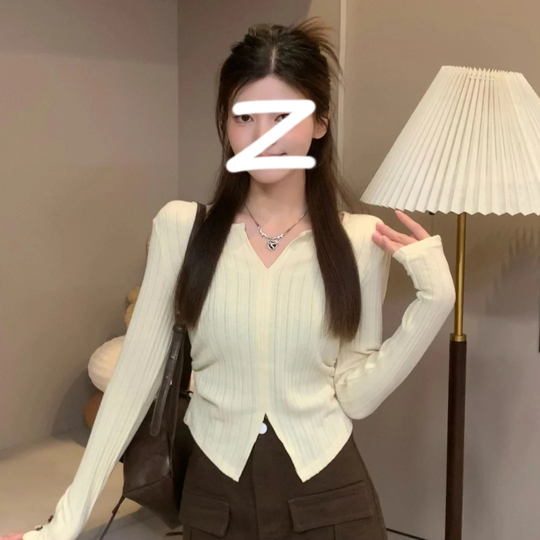 2024秋季新款法式V领长袖针织衫女修身内搭打底衫小个子短款上衣