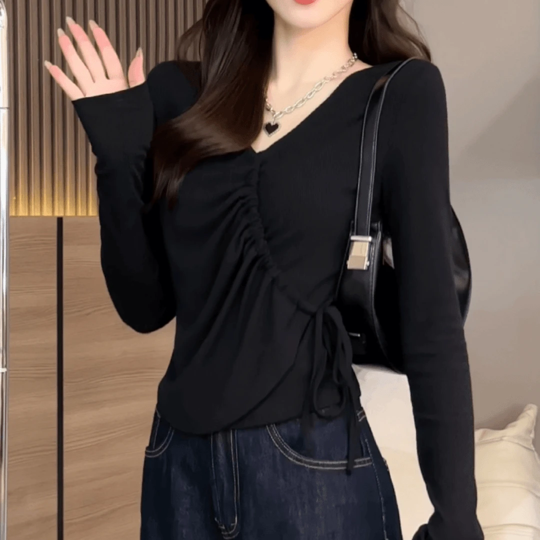 秋季新款 v领时尚纯色绑带百搭设计感修身显瘦长袖抽绳上衣