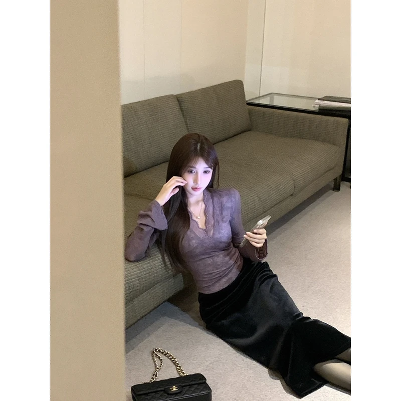 【经典碰撞】时尚设计感蕾丝T恤性感气质打底衫修身显瘦上衣