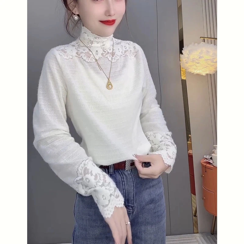 欧货洋气拼接蕾丝长袖t恤2024秋冬新款洋气半高领百搭长袖上衣潮