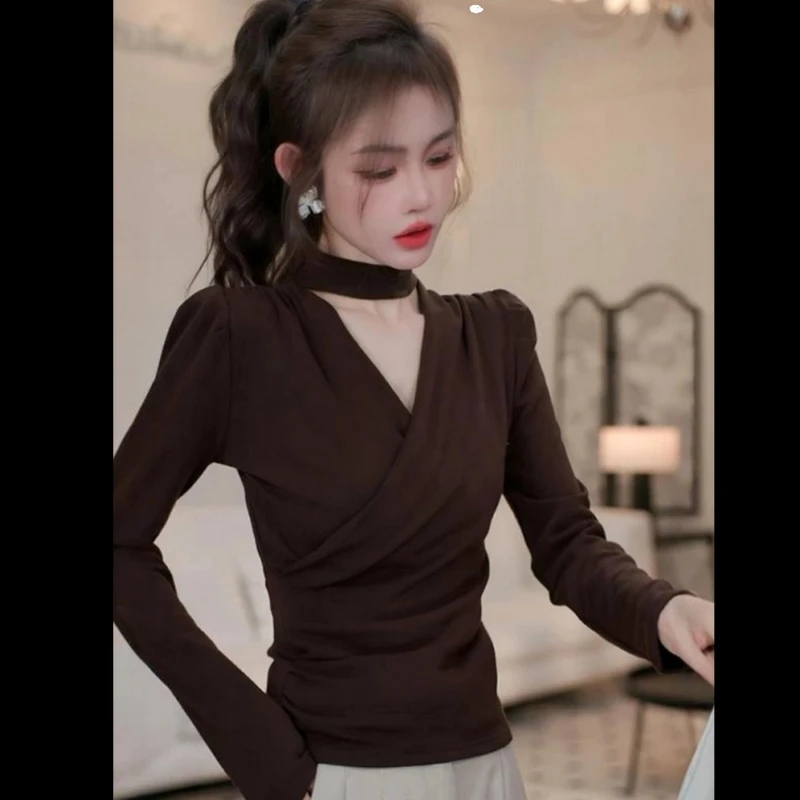 辣妹纯欲风挂脖V领长袖T恤女秋冬修身内搭打底衫上衣