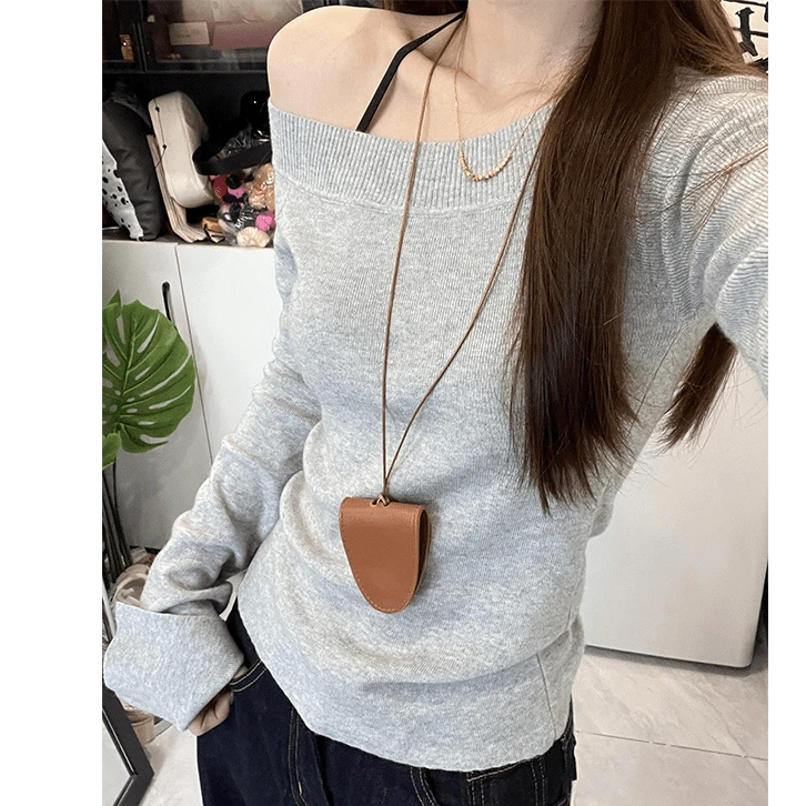 【V3鹿鹿】韩系早秋灰色露肩斜肩针织修身显瘦长袖上衣