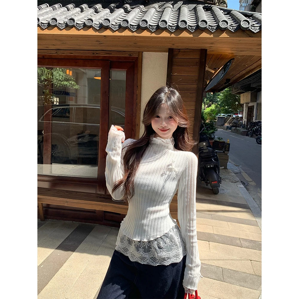 假两件蕾丝拼接高领针织衫女秋冬季修身内搭高级感长袖打底衫上衣