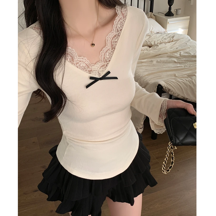 软糯百搭蕾丝领小蝴蝶结装饰2025年新款保暖亲肤针织衫