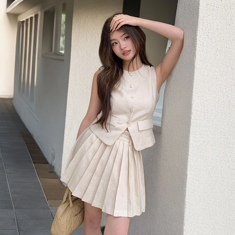 套装女小香风短款夏季百褶裙显瘦气质小个子针织辣妹高腰法式小众