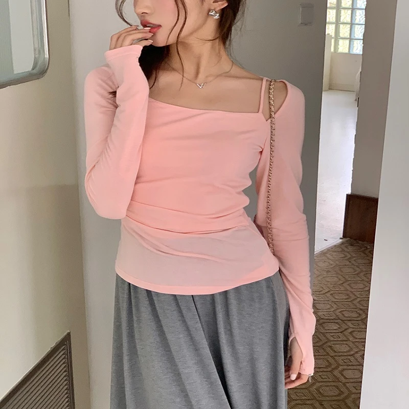 薄款辣妹百搭秋季长袖t恤不规则显瘦洋气小众方领高考毕业季气质