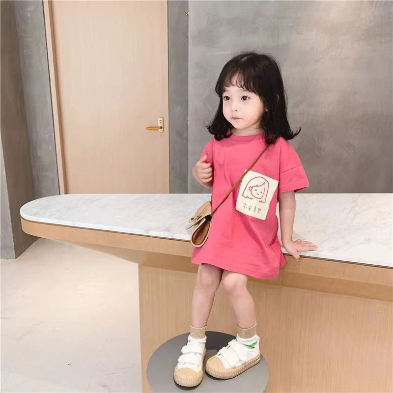 纯棉中小童短袖t恤裙上衣中长款2023夏季新款女童洋气宝宝衣服潮T