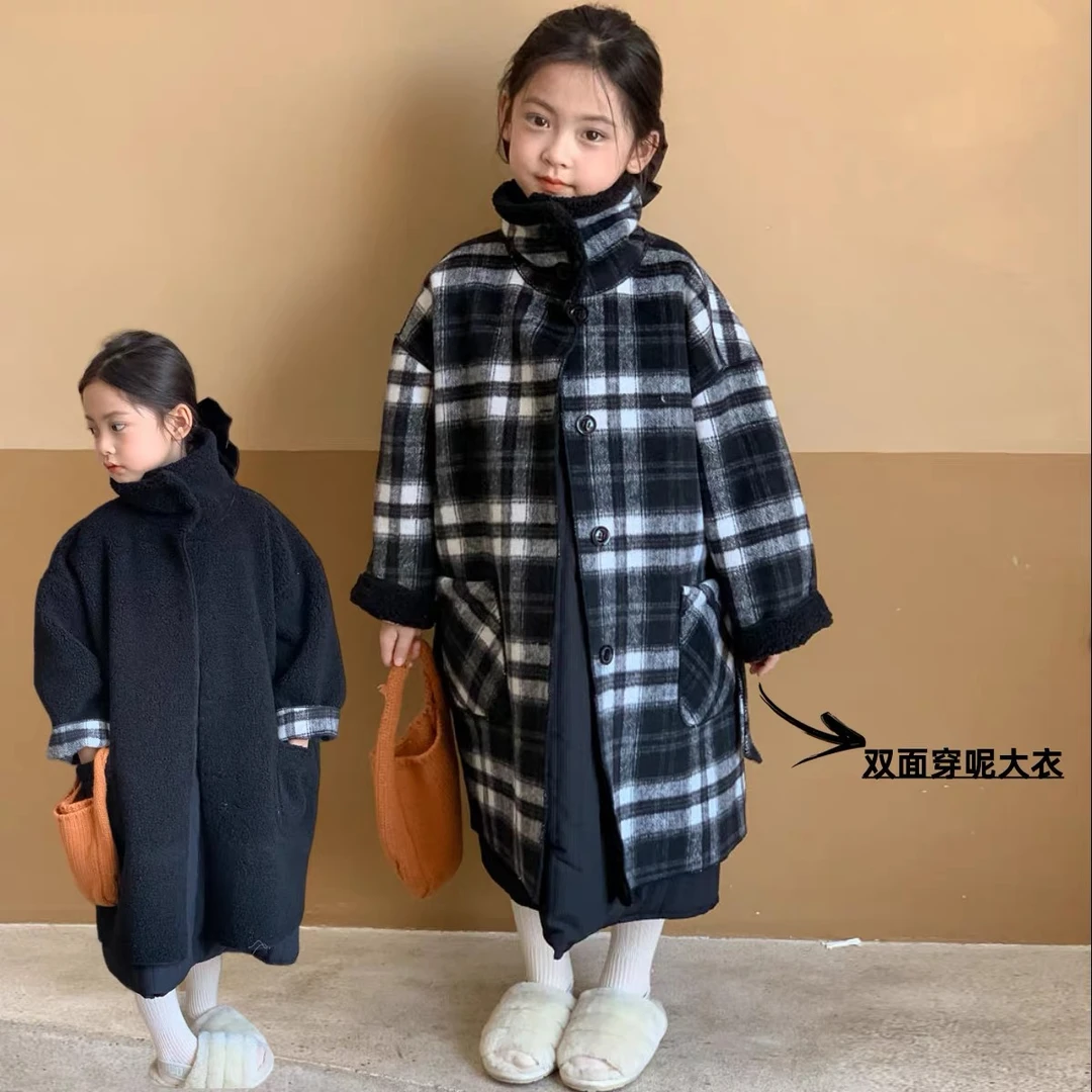 女童双面穿格子毛呢大衣2023秋冬装新款韩版儿童洋派加厚保暖外套