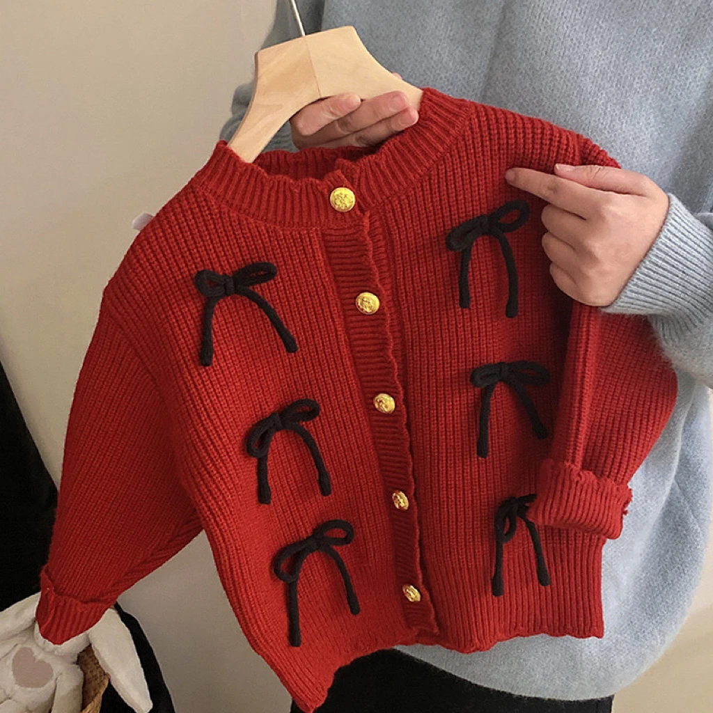 女童甜美蝴蝶结毛衣冬韩版儿童红色新年服宝宝时尚针织开衫外套潮