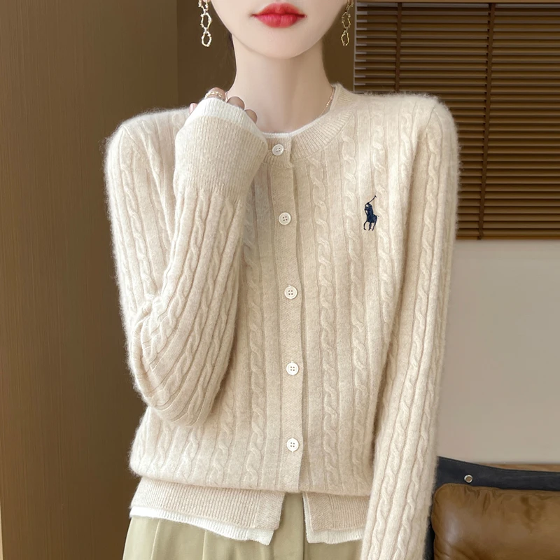 Z时髦气质~秋冬新款假两件翻领绞花女撞色羊毛针织开衫外套毛衣