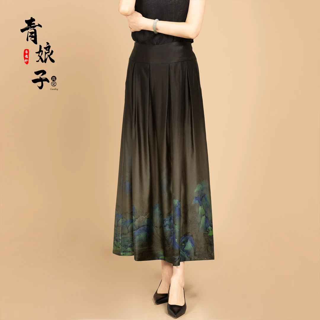 香云纱(渊渟)缎面印花休闲宽松气质显瘦百褶半身裙春季新款40598