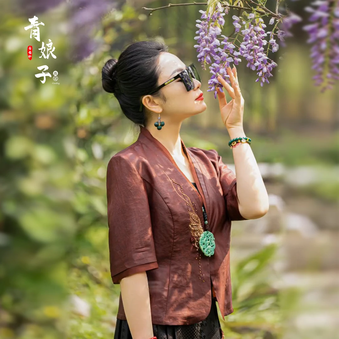 青娘子香云纱（忘忧）龟裂纹夏季时尚宽松气质新中式短上衣50041