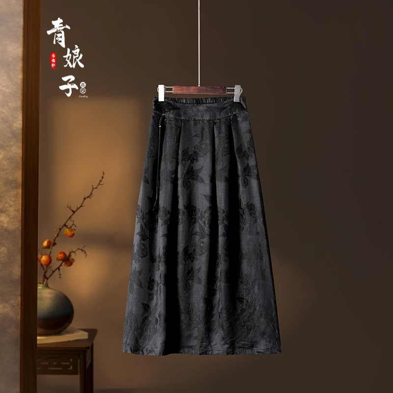 青娘子香云纱（云落）复古提花刺绣流苏百搭国风半身百褶裙---50894