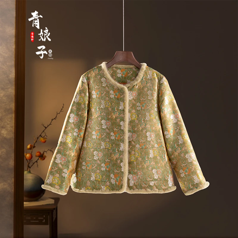 青娘子宋锦[蔓]拼水貂毛圆领高端加厚秋冬新款短款时尚棉服-51135