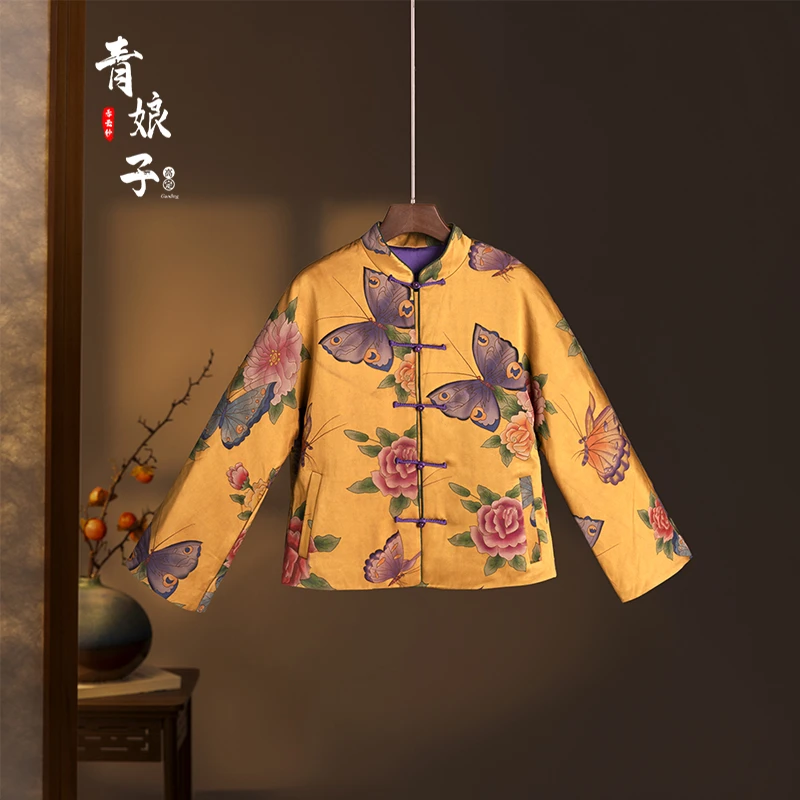 青娘子香云纱(锦书)重缎印花新中式宽松复古短款棉服51103