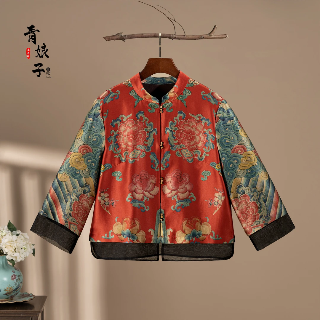 青娘子香云纱（峰阳）复古重缎定位印花百搭拼接上衣短外套50926