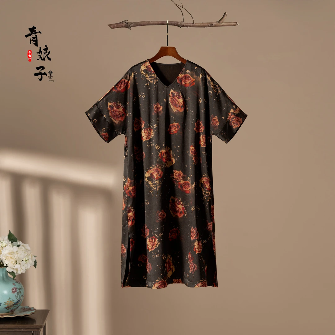 青娘子香云纱（钰彤）印花复古简约气质时尚宽松夏季连衣裙---50784