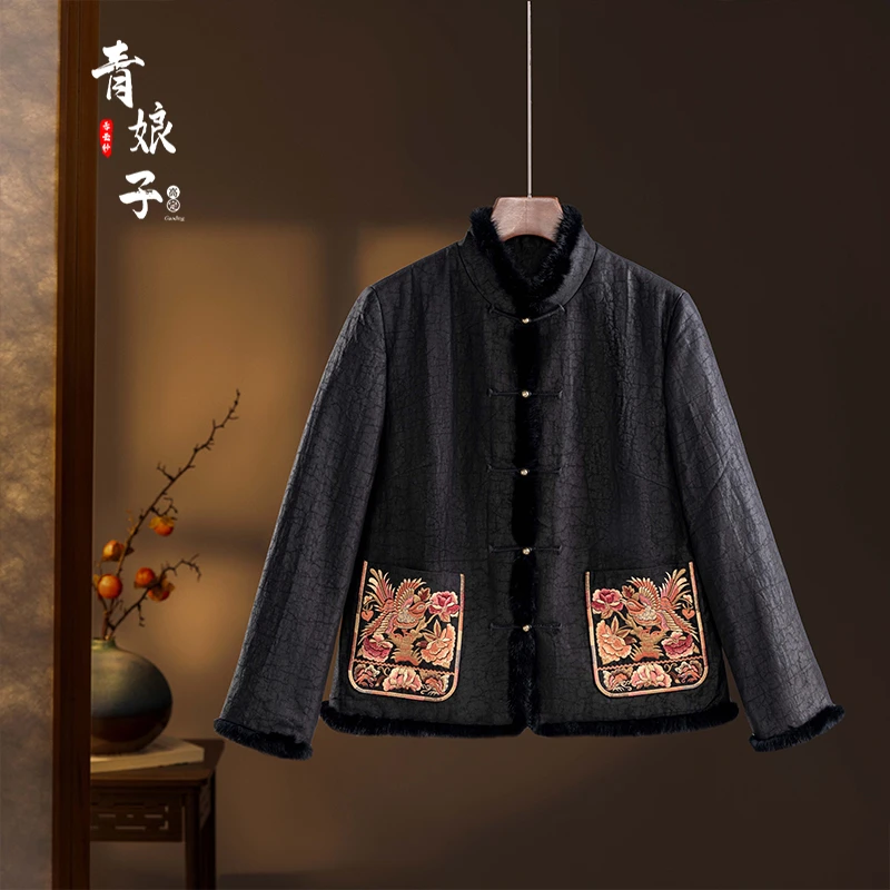 青娘子香云纱（雨嘉）龟裂纹刺绣新中式冬季立领短款百搭棉服-50975