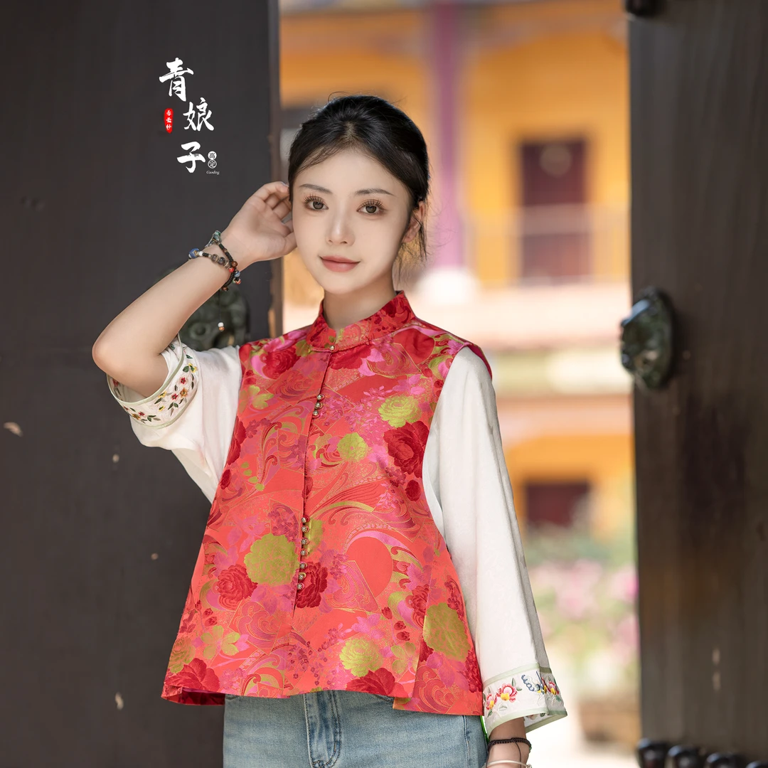 青娘子宋锦（红韵）休闲时尚宽松经典民族风中国红中式马甲50964