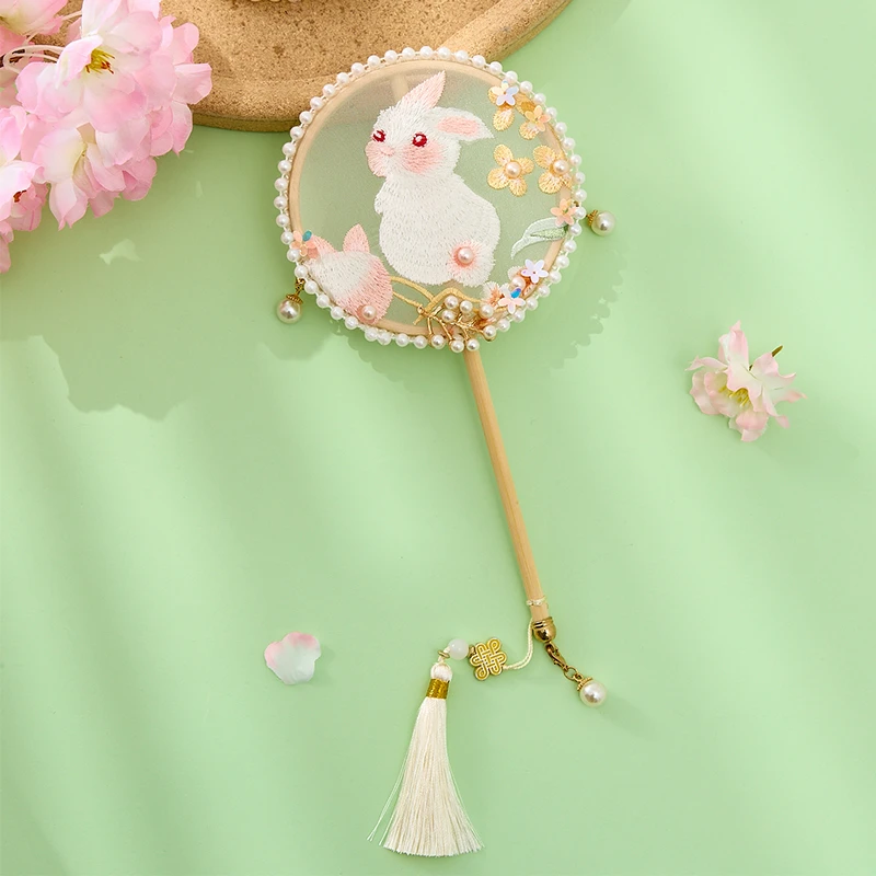 古月儿童刺绣古风玉兔团扇古装扇子搭配女童汉服旗袍舞蹈表演圆扇