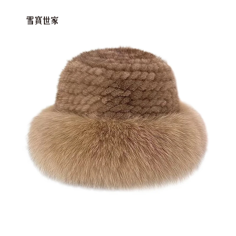 雪宝世家 2025新款进口水貂狐狸毛帽子时尚编织保暖皮草