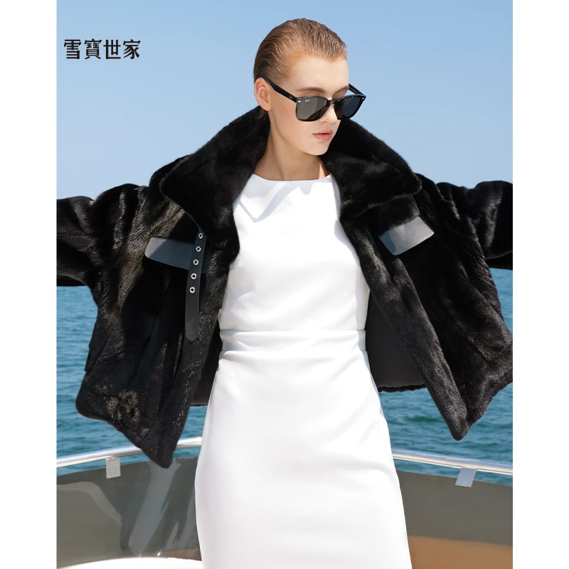 雪宝世家 水貂皮草外套 机车风 貂皮大衣女时尚年轻款皮草外套