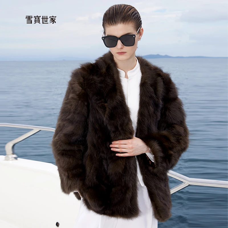 雪宝世家奢品农夫V领俄罗斯外套短款女时尚国际拼貂皮草新款冬