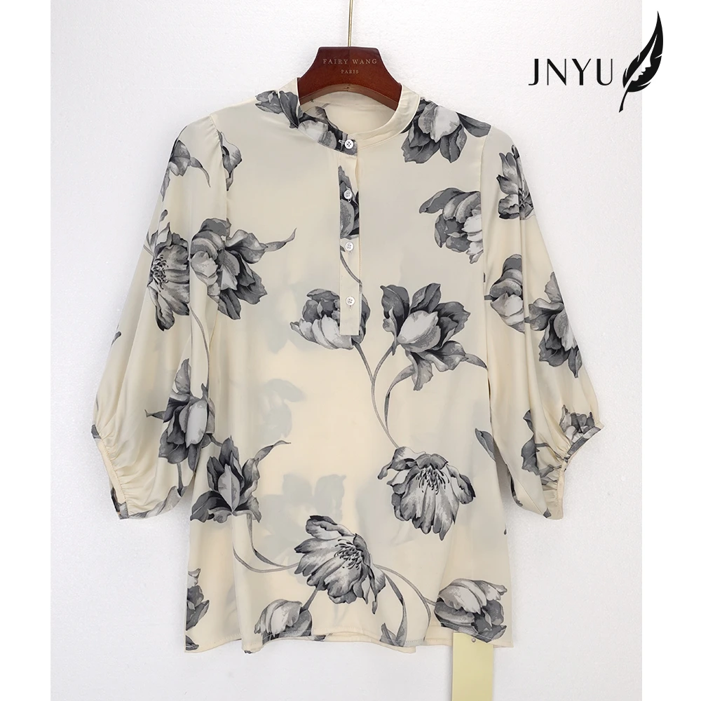 丝滑缎面七分袖衬衣水墨画上衣女夏季短袖气质碎花