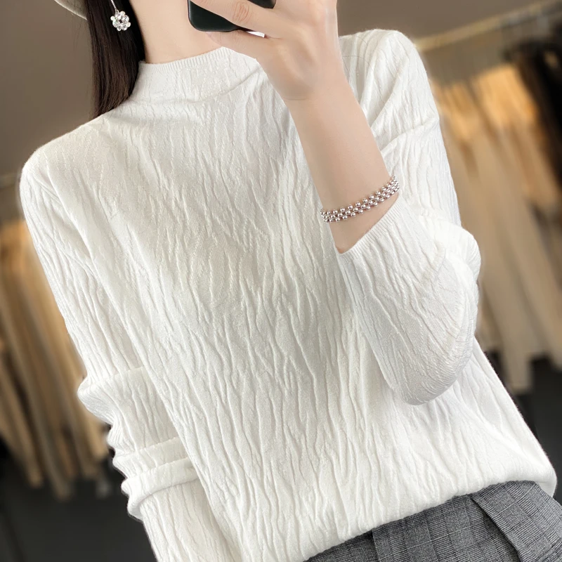 肌理感柔软针织衫洋气百搭秋冬打底衫半高领显瘦长袖修身女宽松