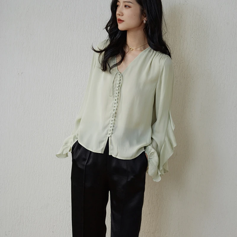 NEEEDS小众设计师23年春夏新款女装时尚气质洋气真丝长袖上衣衬衫