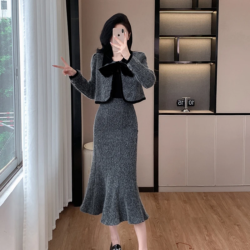 2024秋冬新款小香风韩版蝴蝶结上衣鱼尾裙两件套套装长袖时尚法式