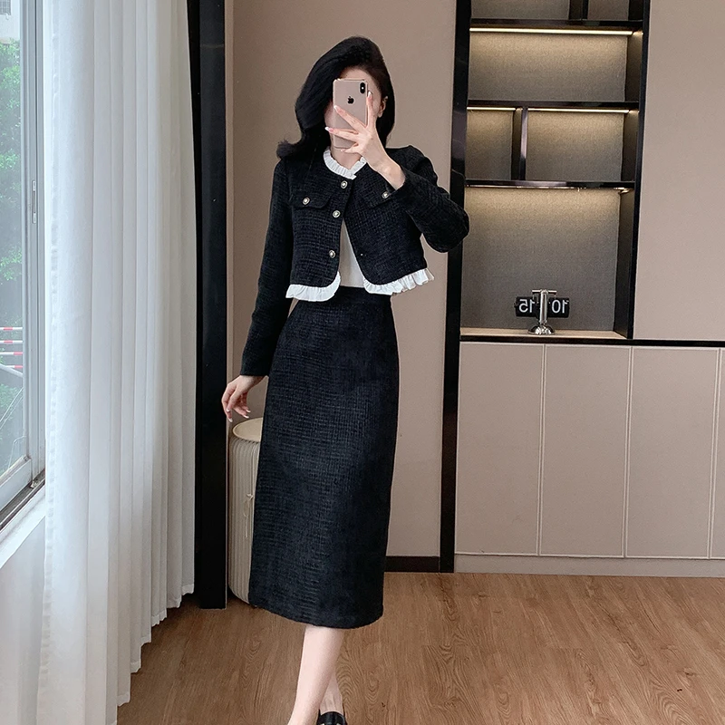 2024秋冬新款木耳边拼接小香风高级感毛呢两件套套装