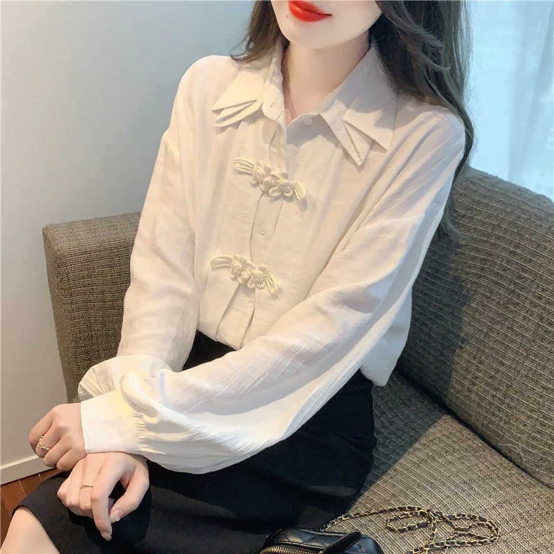 气质2024秋季新款中式盘扣折纸领衬衫女设计感小众百搭上衣衬衣