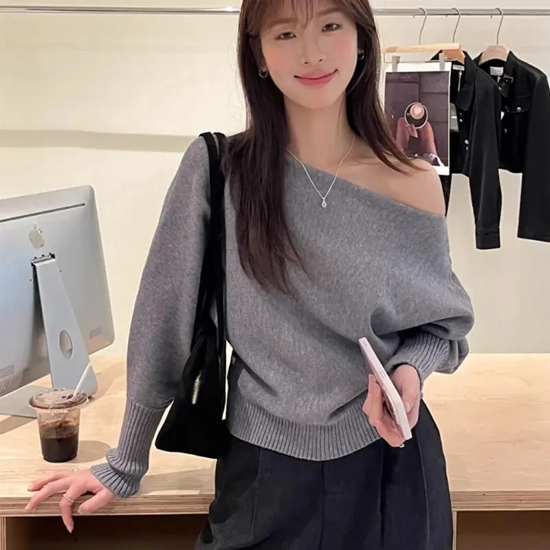 温柔一字领灯笼袖正肩针织衫秋冬气质单穿内搭宽松斜肩小衫可三穿