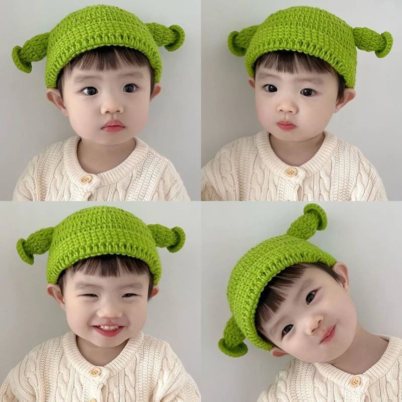 婴儿帽子春秋款搞怪宝宝帽子痞幼同款触角毛线帽绿色史莱克儿童帽