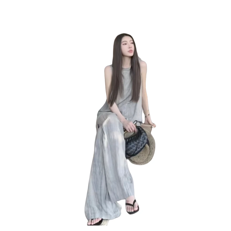 法式慵懒风高级感气质无袖上衣女夏季新款垂感阔腿长裤子两件套装