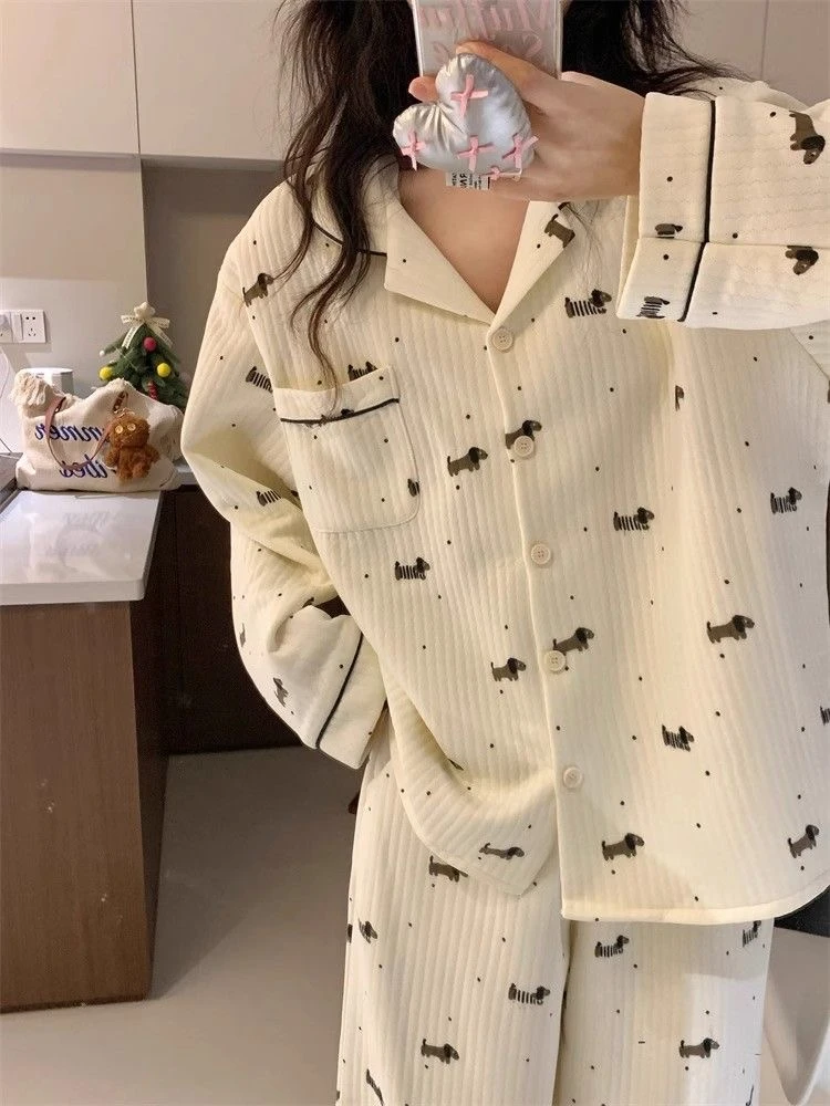 【波点小狗】睡衣女秋冬可爱卡通空气棉加厚夹棉保暖可外穿家居服