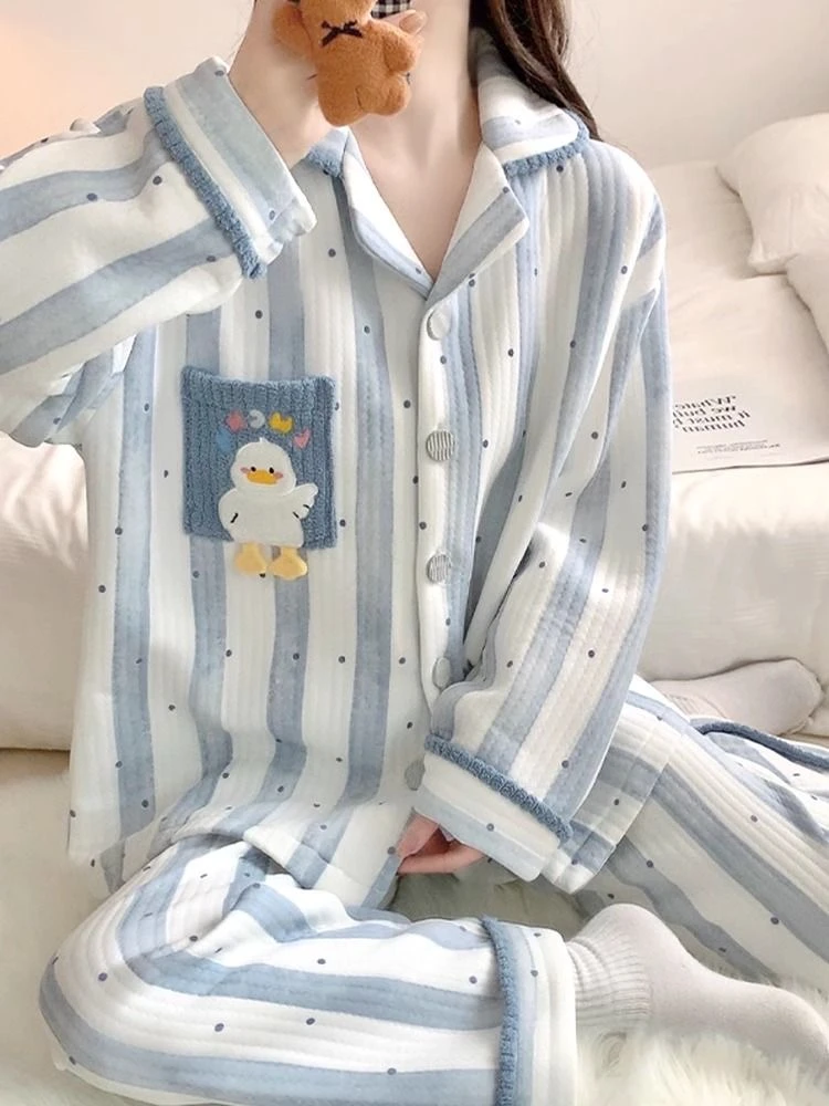 【条纹鸭】新款秋冬睡衣女空气棉夹层加厚长袖家居服套装可外穿学生