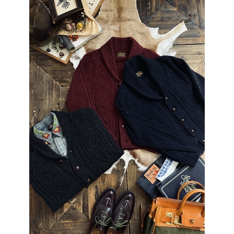 刺度英式复古重磅系列菱格扭花毛衣青果领开衫外套加厚保暖